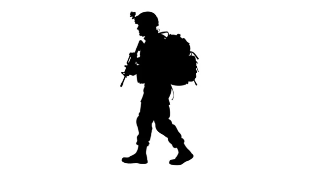Soldier walking with rifle and large backpack silhouette