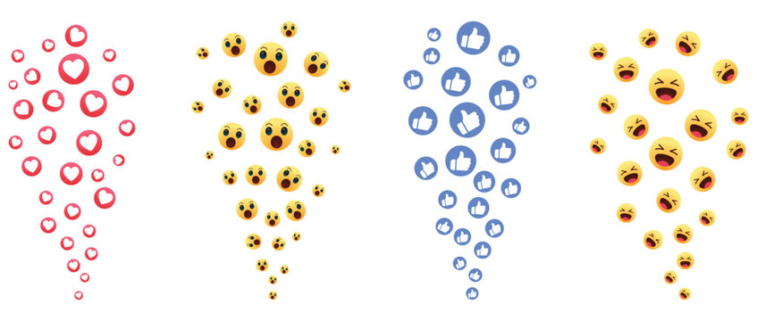 Social media reaction icons and floating emojis flying upwards like bubbles. heart, wow, like and haha emoji icons vector for live stream engagement, feedback and app interaction