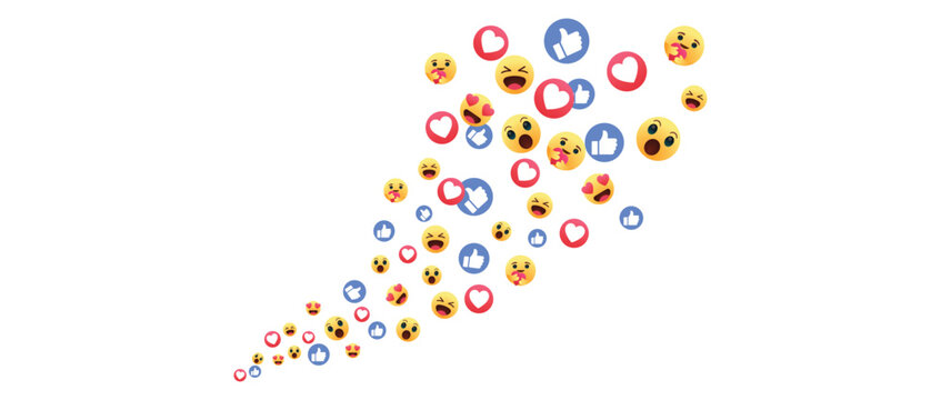 Social Media Reaction Stream. Floating like, love and emoji reaction icons vector background for live stream engagement, feedback, notification and online interaction