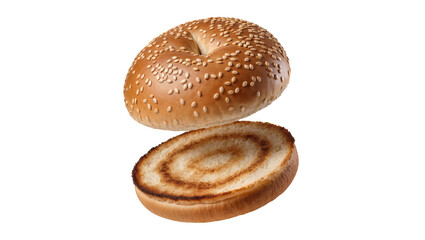Fototapeta premium Toasted sesame seed bun halves one with seeds, isolated on transparent background