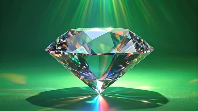 A brilliant cut diamond sparkling with rainbow light on a green background