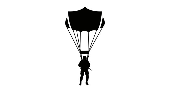 Military paratrooper descending with parachute silhouette
