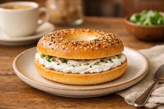 Vegan cream cheese bagel on ceramic plate in cozy caf&eacute; setting, breakfast.