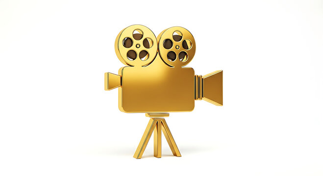 Golden vintage film camera on tripod with reels and lens movie cinema