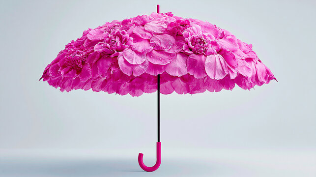 A pink umbrella made entirely of layered flower petals, blending nature and design in a creative and visually striking composition.