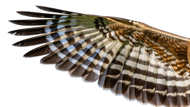 Detailed bird wing with brown white and black striped feathers, isolated on transparent background