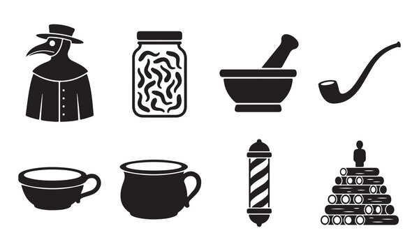 Collection of eight black silhouette including a plague doctor, jar of worms, mortar and pestle, smoking pipe, ceramic cup, chamber pot, barber pole, and stacked logs on white