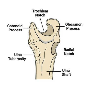 Detailed anatomical diagram of ulna bone structure.