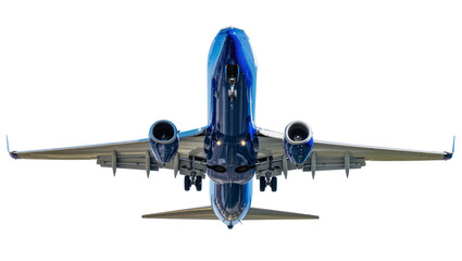 Fototapeta premium Blue jet airplane flying upwards, view from below