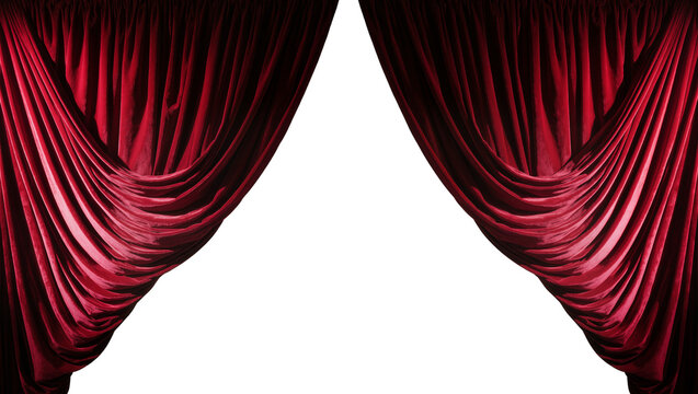 Rich red velvet theater curtains parted, revealing blackness isolated on transparent background
