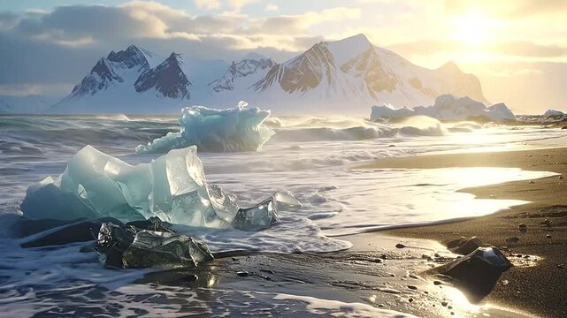 Glacial ice chunks rest on a black sand beach against snowy mountains at sunset