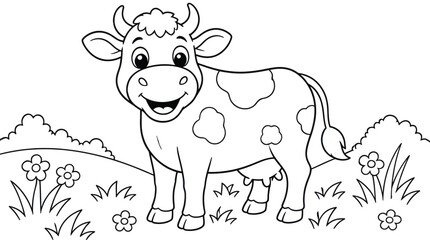 A happy cartoon cow stands in a grassy field with flowers © tulung