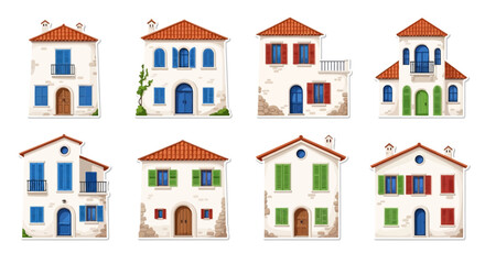 Fototapeta premium Illustrations of colorful houses with unique architectural details and vibrant shutters in a stylized vector format.