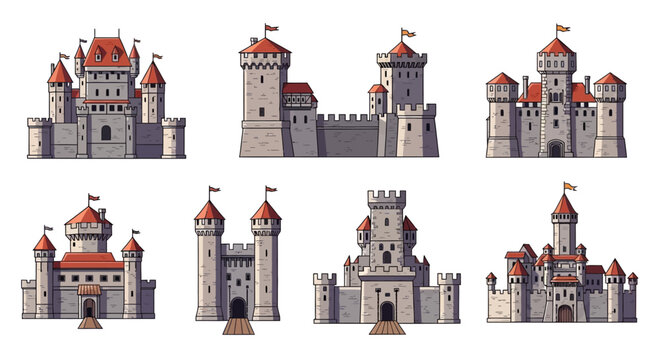 Medieval castles and fortresses stand majestically along the serene Mediterranean coastal landscape with houses and towers.