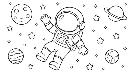 A cartoon astronaut floats in outer space surrounded by planets and stars © tulung