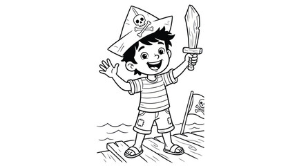 A young child dressed as a pirate stands on a wooden dock holding a toy sword © tulung