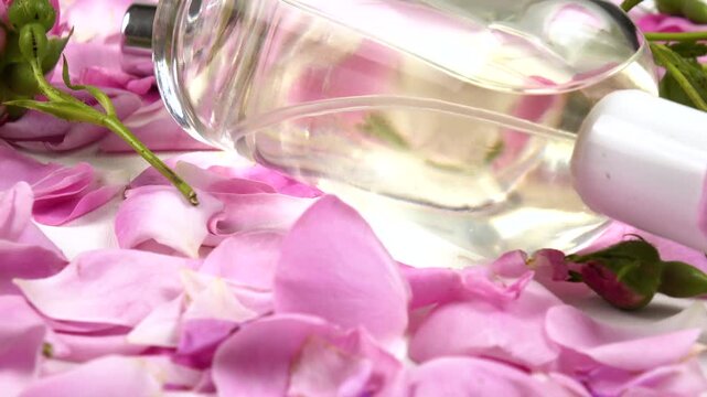 Bottles with perfumes and eau de toilette with use rose essential oil, fresh pink roses are on a white table, side view