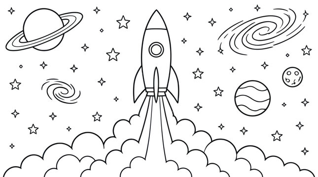 A rocket ship blasts off into a starry with planets and nebulae