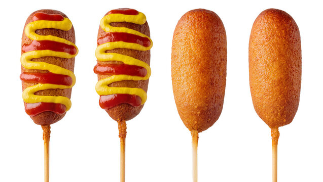 Corn dogs with ketchup and mustard on sticks