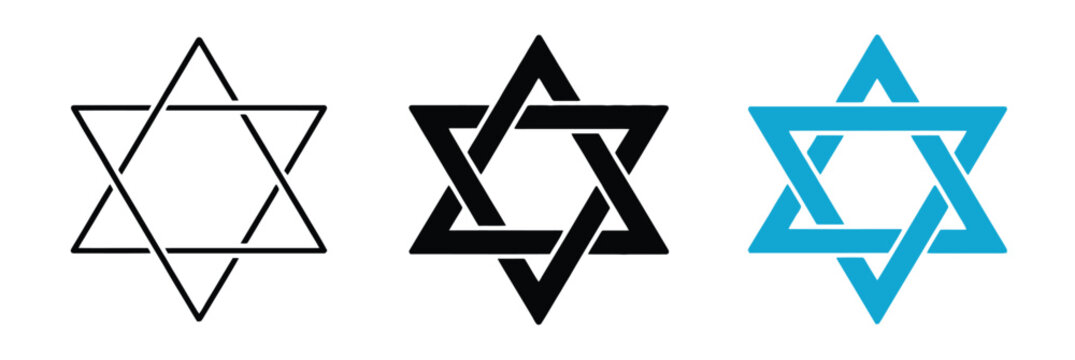 Hexagram vector icon set with Star of David symbols in clean line style for Jewish faith, heritage, holiday graphics, and logo applications.