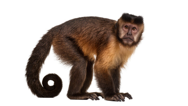 Capuchin monkey with brown and tan fur, curled tail