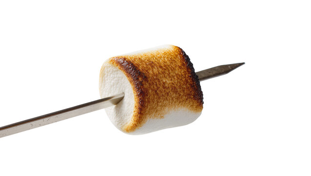Toasted marshmallow on metal skewer, isolated on transparent background