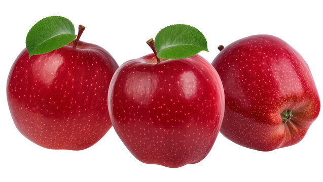 Three ripe red apples with green leaves and stems