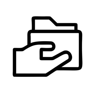 Hand placing document into folder icon - Minimalist black and white vector icon showing a hand inserting a document into a folder.