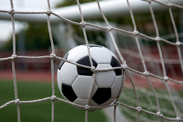 Naklejka premium Soccer ball caught in goal net during a match
