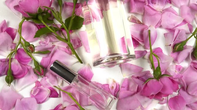 Bottles with perfumes and eau de toilette with use rose essential oil, fresh pink roses are on a white table, top view