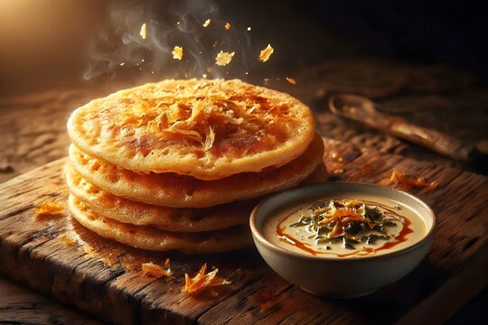 Indonesian Crispy Serabi Pancake Stack with Falling Flakes and Coconut Dipping Sauce Rustic Wood Board