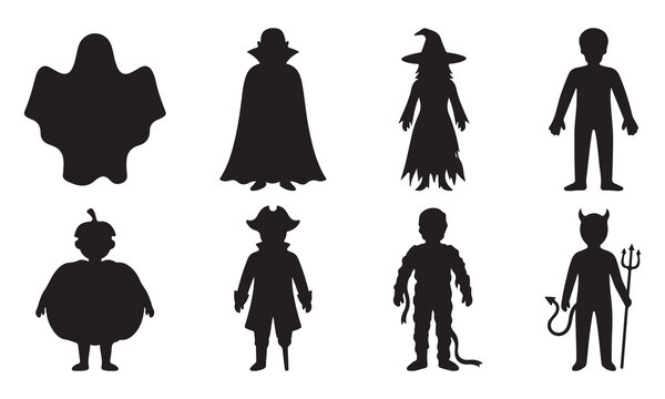 Collection of eight black silhouettes representing various halloween costumes including a ghost, vampire, witch, child, pumpkin, pirate, mummy, and a devil with a pitchfork trident
