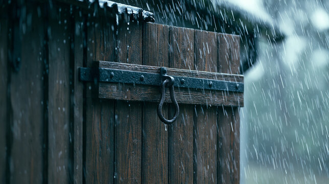 hasp. Weathered barn door with a heavy metal hasp swaying in a rainy atmosphere. real-estate listings, architecture portfolios, designed for architectural facade and classical detail presentations.