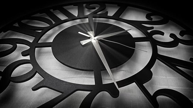 Close up black and white decorative wall clock with metallic hands and ornamental frame in dramatic light