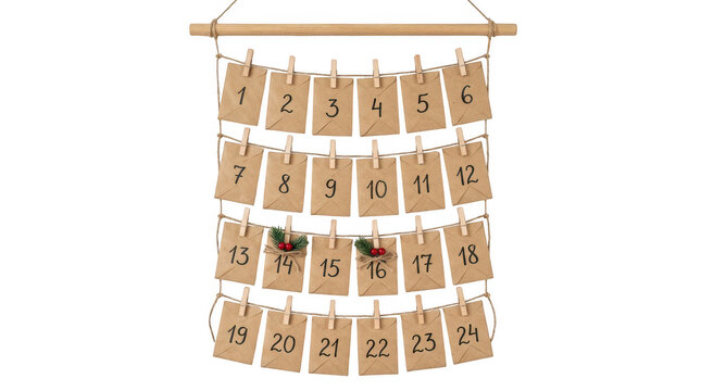 Christmas advent calendar with brown paper tags on a wooden rod isolated on transparent background