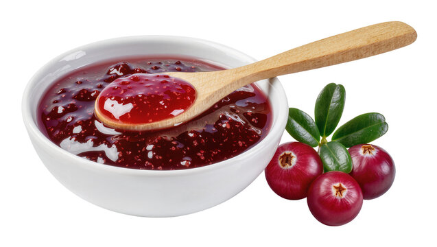 Cranberry jam in white bowl with wooden spoon and fresh berries