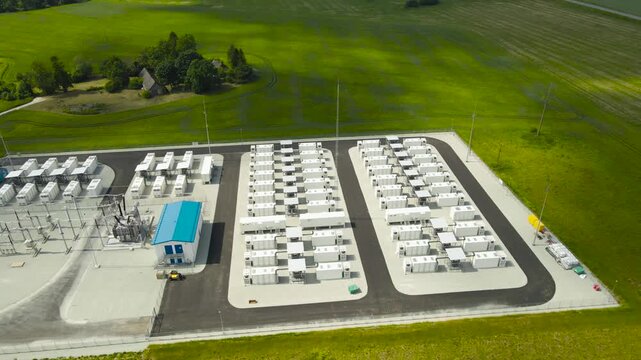 Modern battery energy storage system, or BESS, containing rows of lithium ion batteries in containers storing renewable energy for the grid, contributing to a clean and sustainable power supply