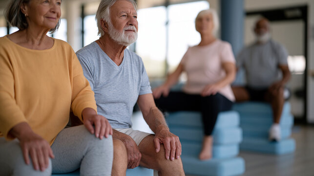 Senior fitness class on a community center floor, adults over sixty-five practicing balance exercises on foam pads while a certified trainer demonstrates proper foot placement,