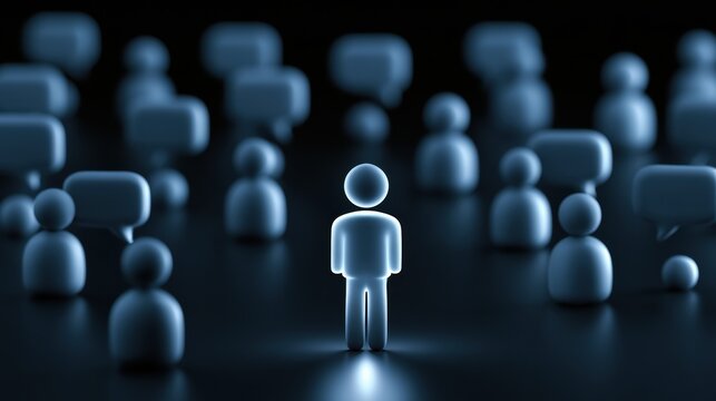 A figure stands alone surrounded by speech bubbles reflecting its own thoughts in a dark space. This shows a concept of echo chamber communication.