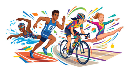 Fototapeta premium Flat 2D Vector Illustration of Diverse Athletes Running Cycling Swimming Gymnastics