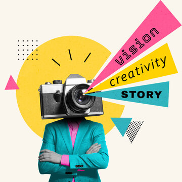 Minimal creative collage with a camera headed person in a bright suit and graphic shapes projecting vision, creativity and story. Concept of visual storytelling, content creation, media and imaginatio