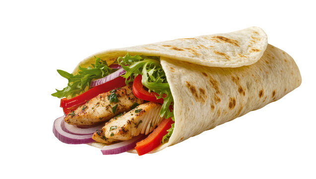 Grilled chicken wrap with fresh vegetables and red onion