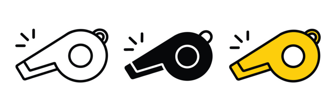 Whistle vector icon set representing sports equipment, game control signals, coaching tools, and match officiating concepts with editable strokes.