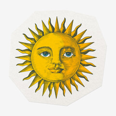 Fototapeta premium Vintage sun with face, cut out paper, off white design