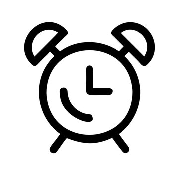 Simple black alarm clock icon with hands - Minimalist black and white vector icon of an alarm clock showing time with active alarm bells