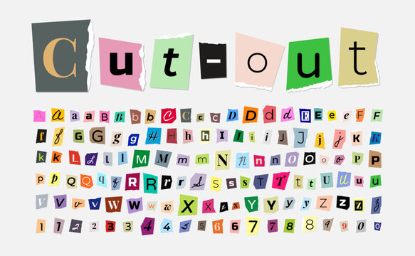 Colorful letters and numbers alphabet in retro Y2K style, collage font with Cut out and torn paper edges, , paper scrapbook typography set. Cartoon blackmail ransom kidnapper anonymous Font.