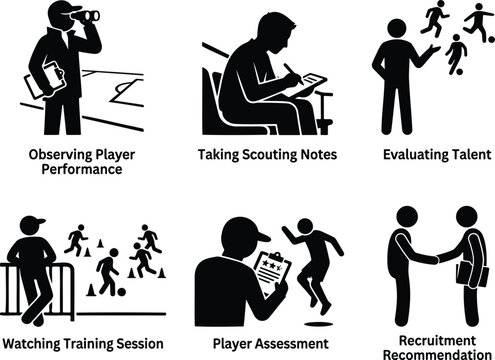 Soccer scouting and talent evaluation silhouettes showing scouts observing players and taking notes
