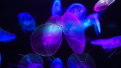 Group of glowing jellyfish swimming in dark ocean © Sorina