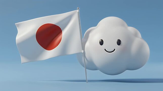 Clouds and Flag in Japan Visual Scene with Friendly Cloud and Flag