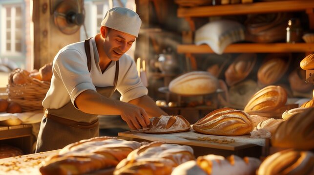 Ein B&auml;cker backt Brot auf konventionelle Weise in der Backstube, mit KI generiert